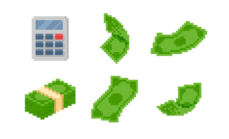 Stack of currency banknotes and calculator pixel art vector set, 8 bit green paper bill dollars, video game money cashのイラスト素材