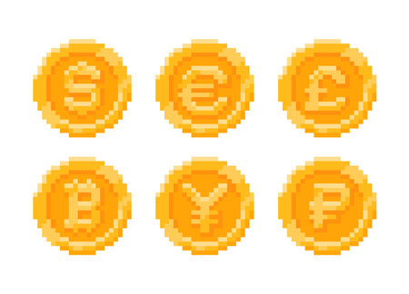 Pixel art set of gold coin icons with symbols for the dollar, euro, bitcoin,のイラスト素材