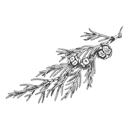 Cypress tree branch with cones engraved hand drawn vector illustration, conifer evergreen Christmas forest decorationのイラスト素材