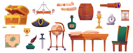 Pirate ship cabin furniture and accessories, treasure chest, rum bottle and wooden barrel, sabre, captain hat vector setのイラスト素材