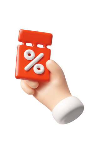 A 3D hand holding a red discount ticket with a percentage sign, coupon, sale, discount.のイラスト素材