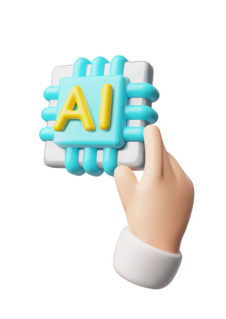 Human hand holds microchip, chatbot assistant, Artificial intelligence technology, electronic device 3D vector iconのイラスト素材
