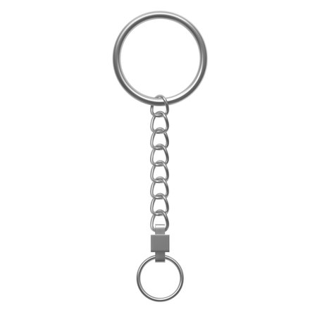 Silver keychain, vector 3D realistic metallic keychain with straight chain and ring, keys and pendant steel keyholderのイラスト素材