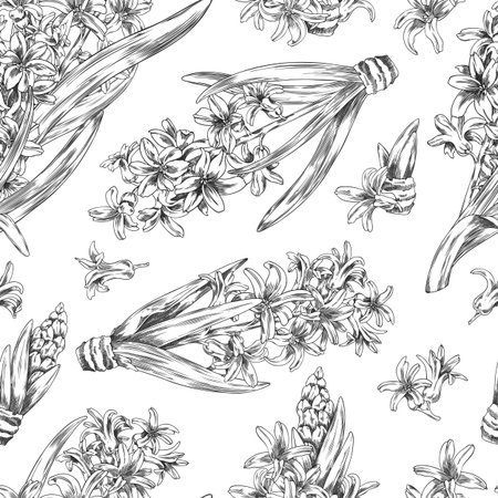 Hyacinth flower with leaves engraved sketch vector seamless pattern design, hand drawn spring blossom plant ink styleのイラスト素材