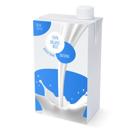 Realistic natural milk box, 3D cardboard template for organic dairy and beverage products, product branding packageのイラスト素材