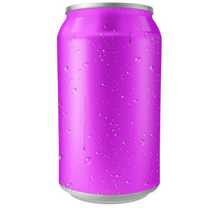 Aluminum drink can, vector realistic blank lilac wet metallic tin can drink beer, soda, water, juice package water dropsのイラスト素材