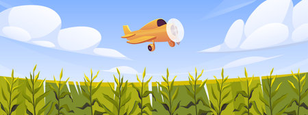 Corn field with a flying airplane in the sky among the clouds, crop processing, rural area.のイラスト素材