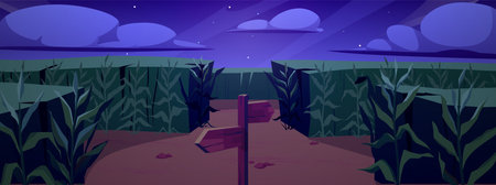 Night background with a cornfield, a fork in the road, a wooden sign, clouds, and stars.のイラスト素材