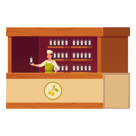 Farm stand market seller woman holding glass jar with olive oil, vector olive fruit extra virgin farm product promotionのイラスト素材