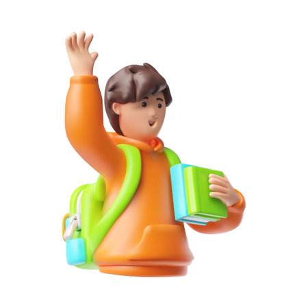 Teenager boy with books and school backpack, calls someone by raising his hand, vector 3D friendly schoolboy half bodyのイラスト素材