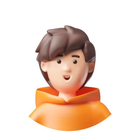 Brunette teenager boy 3D vector avatar, cartoon smiling guy character in orange hoodie, schoolboy, student, pupilのイラスト素材