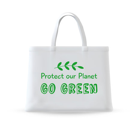 White fabric eco bag with Protect our planet, Go green slogan printing with leaves, reusable cotton shopping tote bagのイラスト素材
