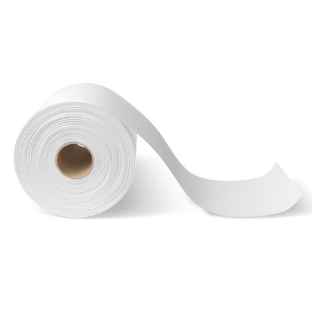 White toilet paper, hygiene tissue roll mock up, realistic vector bathroom sanitary napkin scroll with carton spool tubeのイラスト素材