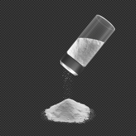 Realistic salt crystals pouring from salt shaker, powder pile, 3d vector white mineral grains fine grinding fallingのイラスト素材