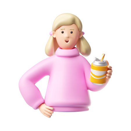 Smiling teenager girl with soda can vector 3D plastic style, cartoon happy blond schoolgirl in pink blouse half bodyのイラスト素材