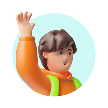A 3D boy in an orange hoodie happily waves, close-up, in a round frame with a blue background.のイラスト素材