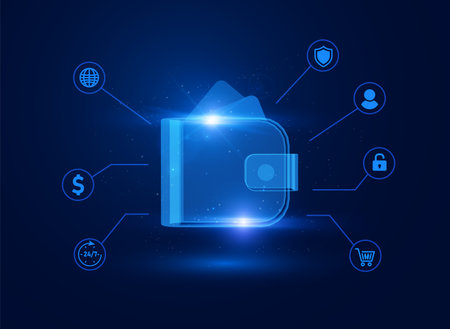 Digital wallet, glowing E-wallet, vector online payment, banking service application, mobile banking, money transactionのイラスト素材