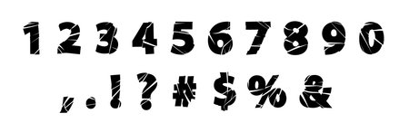 Numbers and punctuation marks rough destroy font, broken glass effect, black cracked shape typographic numeric symbolsのイラスト素材