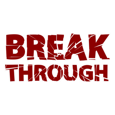 Break through slogan, vector crash typographic destroy alphabet, broken glass effect, red cracked uppercase lettersのイラスト素材