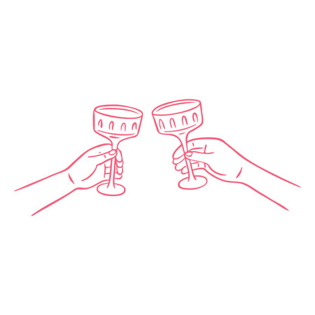 Friends hands holding champagne glasses and cheers or drinking toast to celebrate, vector pink line art beverage clinkのイラスト素材