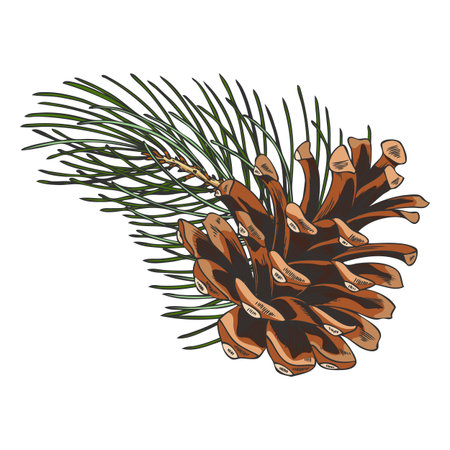 Scots pine twig with cone hand drawn vector, conifer fir tree botanical sketch, woody forest scent, Xmas decorationのイラスト素材