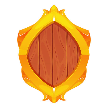 Round medieval wooden shield in a golden frame, ancient defensive equipment.のイラスト素材