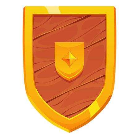 Cartoon wooden shield with a golden frame and an emblem in the center.のイラスト素材