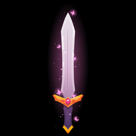 Cartoon shiny sword with sparkles, vector game fantasy saber with handle decorated gemstone, ancient warrior weaponのイラスト素材