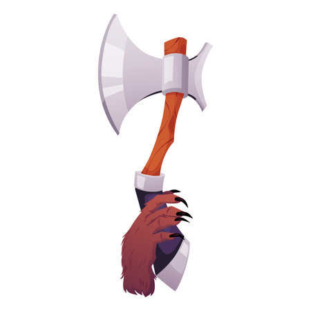 Cartoon axe weapon in monsters hand, vector game old weapon equipment, ancient warrior ammunition tool or hunter hatchetのイラスト素材