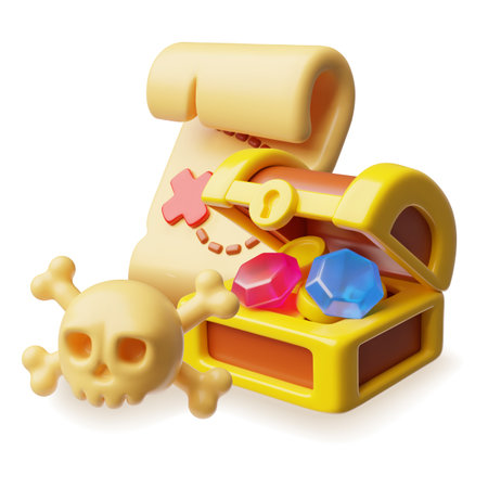 Treasure chest, map scroll and skull with bones 3D plastic style illustration, cartoon medieval pirate treasuresのイラスト素材