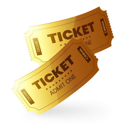 Cinema tickets realistic 3D icon, two brown rectangle stickers for admit to movie and film entrance vector blank designのイラスト素材