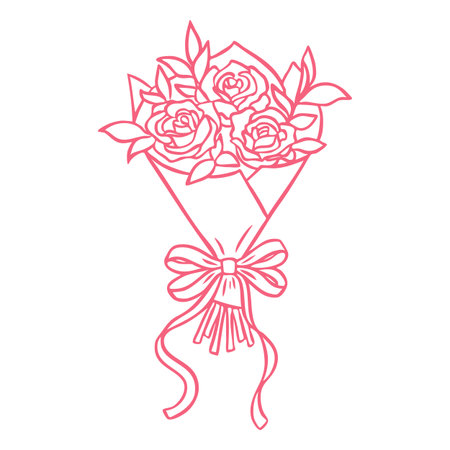 Rose flowers wrapped bouquet with leaves decorated with ribbon bow vector line art, pink doodle blossom beautiful planのイラスト素材