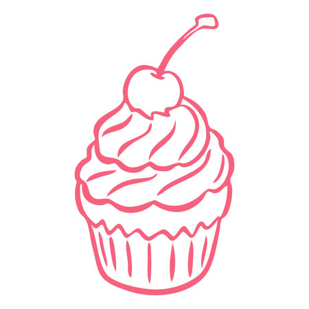 Cupcake with cream and cherry berry line art, sweet dessert bakery with mousse topping, vector pink doodle festive treatのイラスト素材