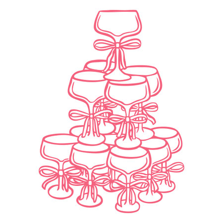Champagne glasses decorated with ribbon bow stacked into a pyramid tower line art, vector pink doodle celebrate beverageのイラスト素材
