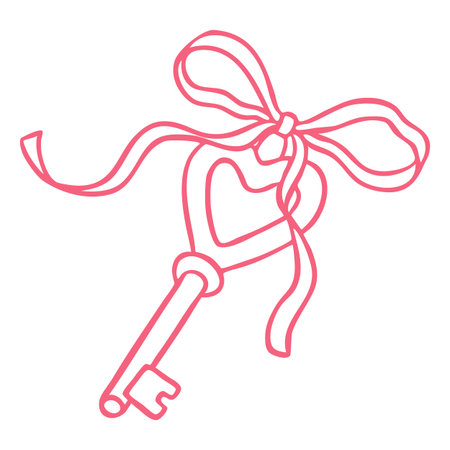Key decorated ribbon bow line art, pink hand drawn vintage key heart shape holder, vector doodle romantic love symbolのイラスト素材