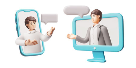 Men in mobile smartphone and computer screens, 3D vector cartoon online consultant, assistant, customer support serviceのイラスト素材