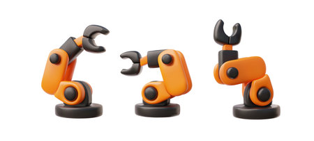 3D set of orange and black robotic arms in different positions.のイラスト素材