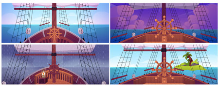 A set with views of a wooden deck, steering wheel, mast, sails, day, night, and rain.のイラスト素材