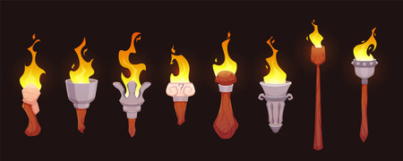 Medieval torch with burning fire collection, cartoon game ancient flambeau fire stone, iron and wooden stick vector setのイラスト素材