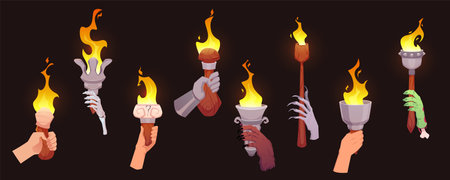 Human, animal, zombie hands holding burning torches vector set, cartoon fiery flames flambeau with decorated holdersのイラスト素材