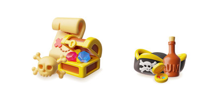 Treasure chest, map scroll and skull with bones 3D style illustration set, cartoon pirate hat, bottle of rum and compassのイラスト素材