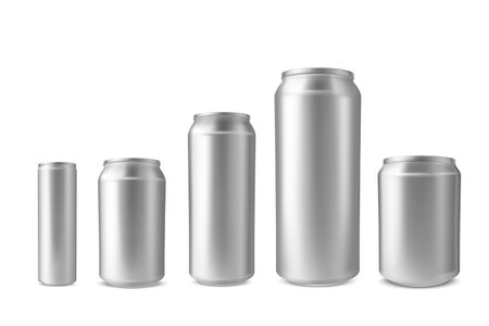 A set of realistic aluminum beverage cans of various sizes and shapes.のイラスト素材