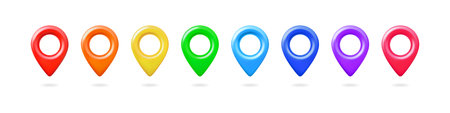 A set of brightly colored 3D navigation icons, front view, with shadow.のイラスト素材
