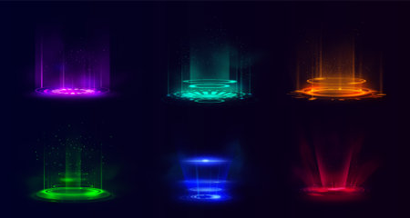 Colorful futuristic circle portal vector set, magic round teleport with glow rays and sparks, energy rings light auraのイラスト素材