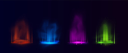 A set of neon glowing multicolored square portals with a magical glow and energy flow.のイラスト素材