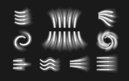 Air flow vector set, white arrows showing wind straight, swirl and wave direction of air movement, fresh streams routesのイラスト素材