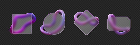 3D square, rectangle and round frames in glass morphism style, transparent matt plates, purple gradient rings vector setのイラスト素材