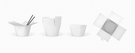 White cardboard takeout food boxes, open, closed, top and side views, with chopsticks.のイラスト素材