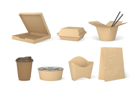 Takeaway containers packages mock up 3D vector set, craft brown paper fast food and drink boxes, bag, bowl, cup blanksのイラスト素材