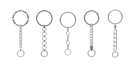 A set of keychain hardware, metal rings with chains, chrome-plated silver, various shapes.のイラスト素材